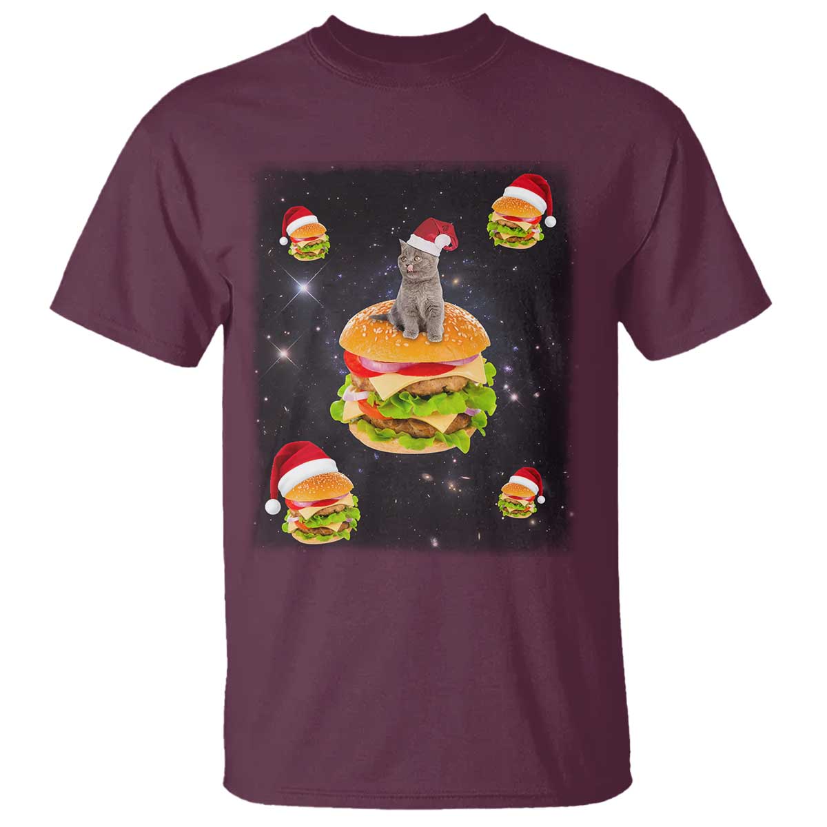 Funny Christmas Cat T Shirt Santa Cat Hamburger Lover Galaxy Outer Space TS09 Maroon Print Your Wear