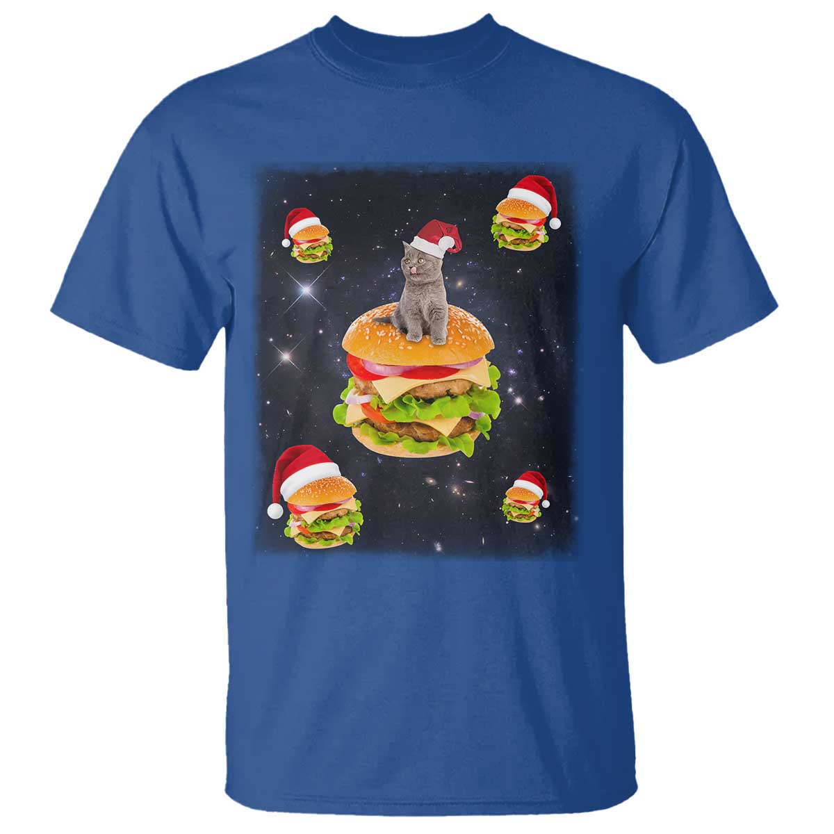Funny Christmas Cat T Shirt Santa Cat Hamburger Lover Galaxy Outer Space TS09 Royal Blue Print Your Wear