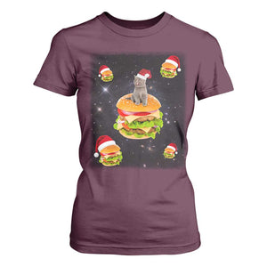 Funny Christmas Cat T Shirt For Women Santa Cat Hamburger Lover Galaxy Outer Space TS09 Maroon Print Your Wear