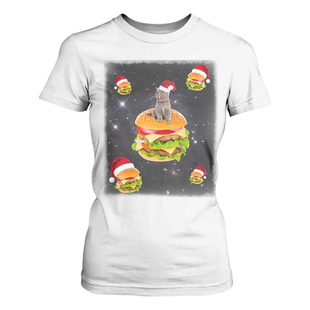 Funny Christmas Cat T Shirt For Women Santa Cat Hamburger Lover Galaxy Outer Space TS09 White Print Your Wear