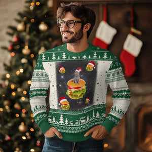 Funny Xmas Cat Ugly Christmas Sweater Santa Cat Hamburger Lover Galaxy Outer Space TS09 Green Print Your Wear