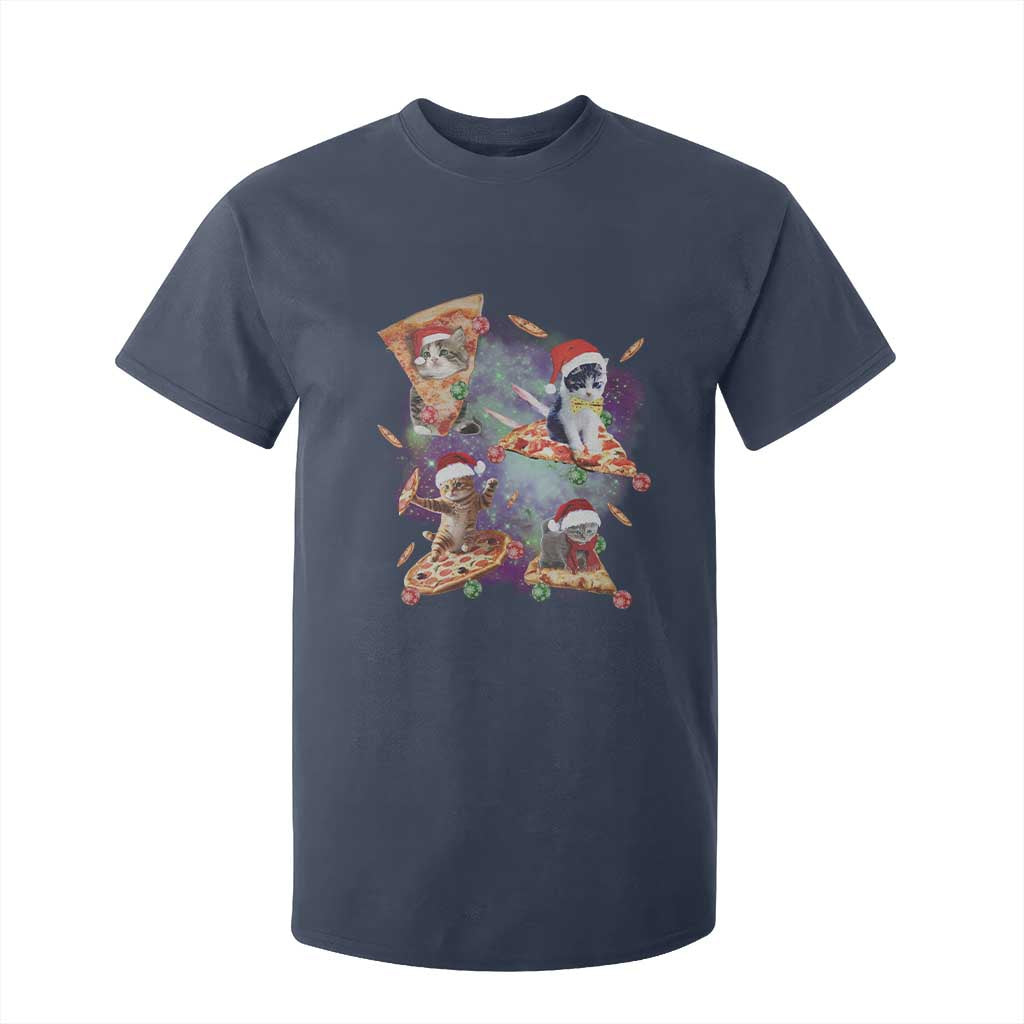 Funny Christmas Cat T Shirt For Kid Santa Cat Riding Pizza Galaxy Outer Space TS09 Navy Print Your Wear