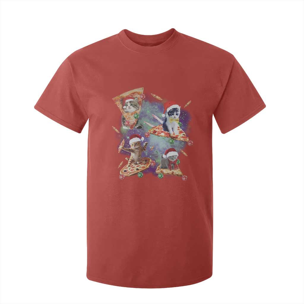 Funny Christmas Cat T Shirt For Kid Santa Cat Riding Pizza Galaxy Outer Space TS09 Red Print Your Wear