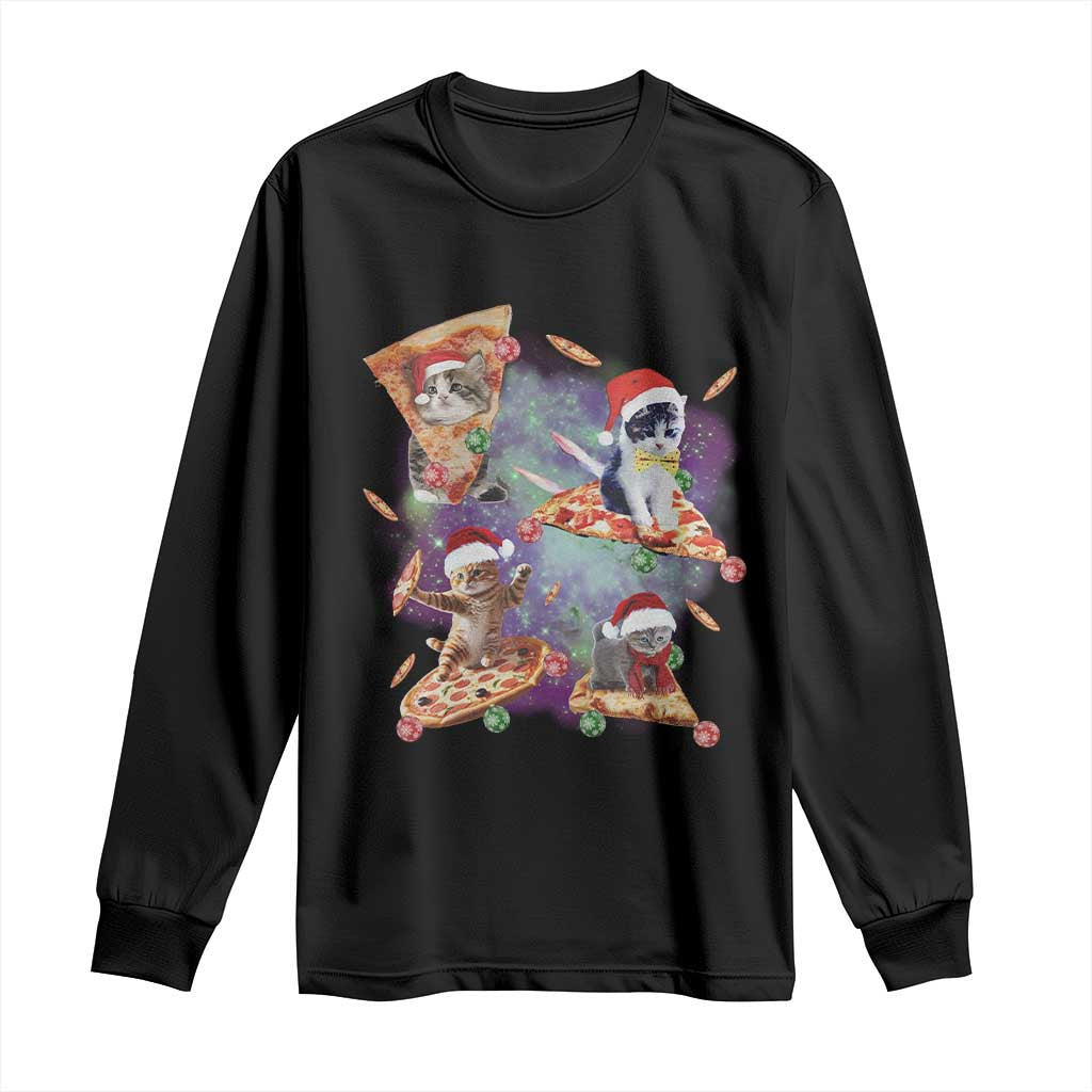 Funny Christmas Cat Long Sleeve Shirt Santa Cat Riding Pizza Galaxy Outer Space TS09 Black Print Your Wear