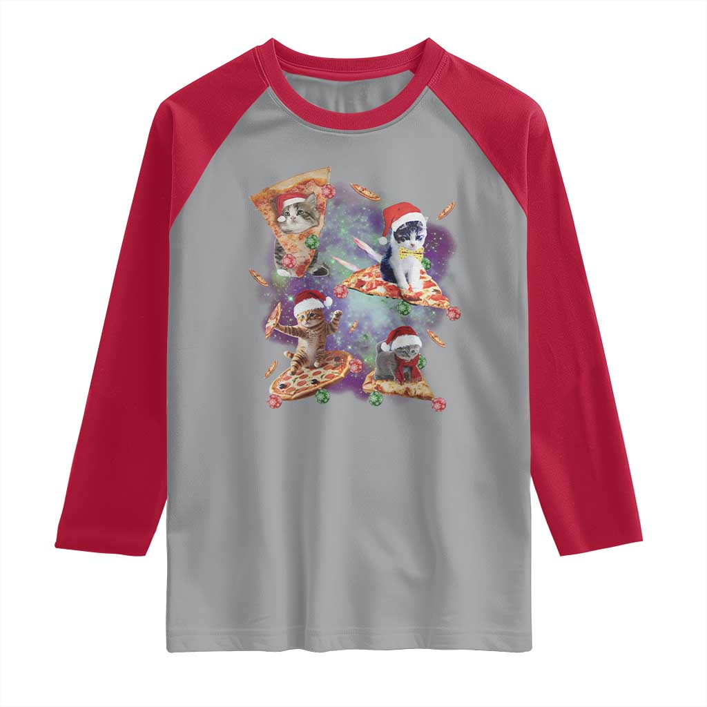 Funny Christmas Cat Raglan Shirt Santa Cat Riding Pizza Galaxy Outer Space TS09 Sport Gray Red Print Your Wear