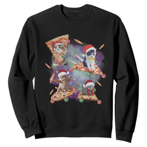 Funny Christmas Cat Sweatshirt Santa Cat Riding Pizza Galaxy Outer Space TS09 Black Print Your Wear