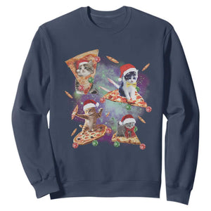 Funny Christmas Cat Sweatshirt Santa Cat Riding Pizza Galaxy Outer Space TS09 Navy Print Your Wear