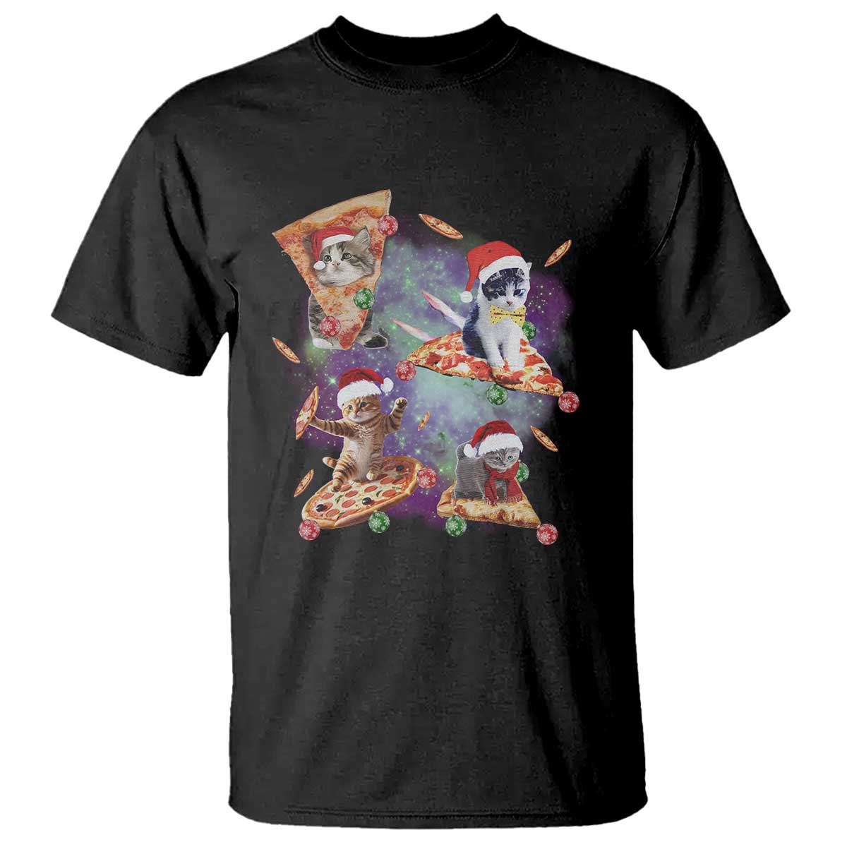 Funny Christmas Cat T Shirt Santa Cat Riding Pizza Galaxy Outer Space TS09 Black Print Your Wear
