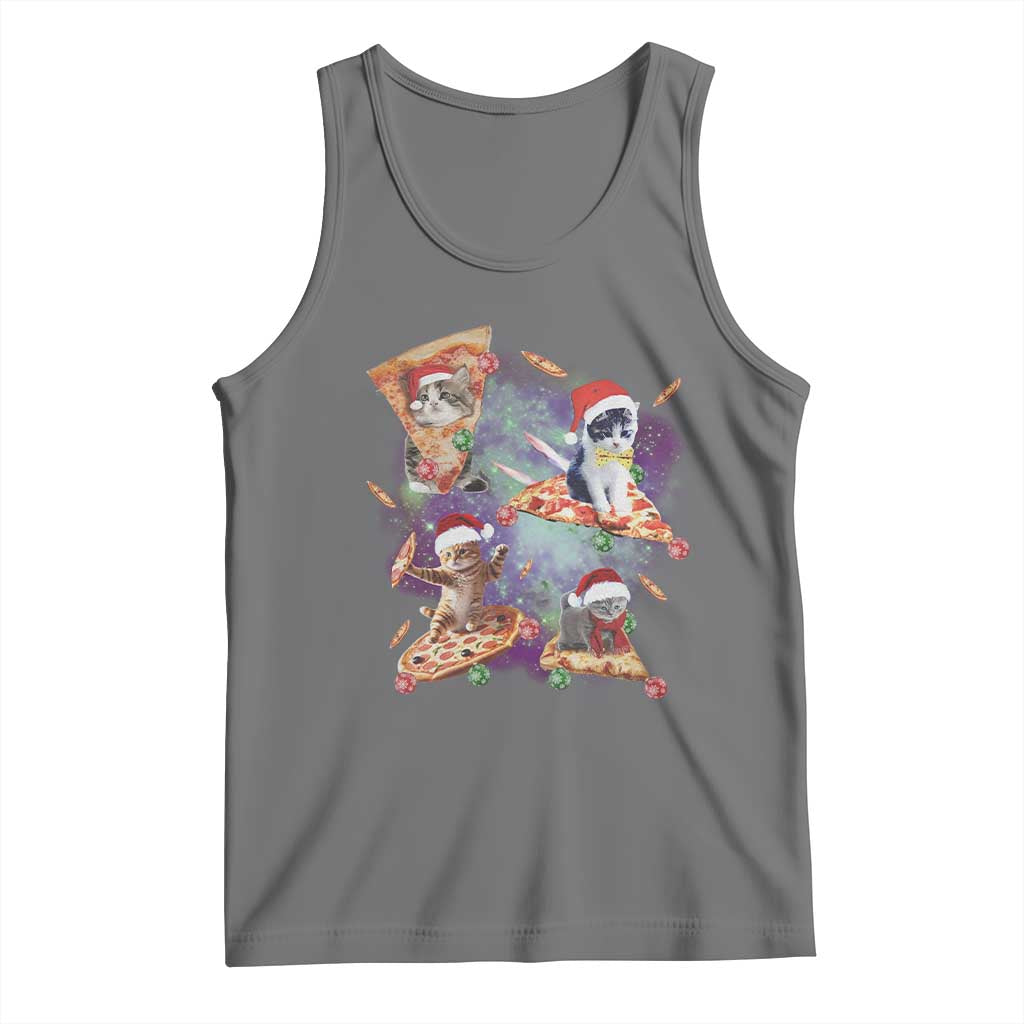 Funny Christmas Cat Tank Top Santa Cat Riding Pizza Galaxy Outer Space TS09 Black Heather Print Your Wear