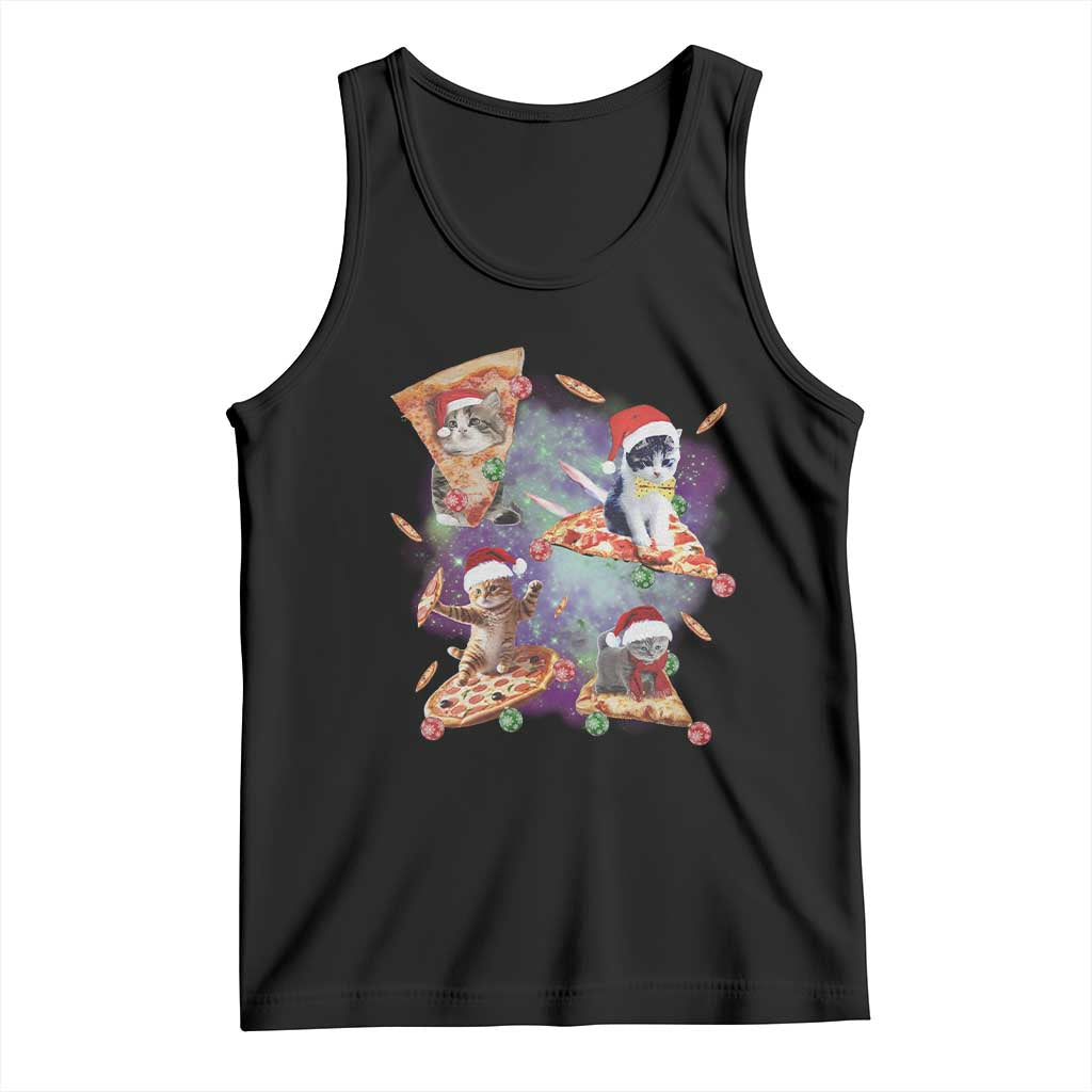 Funny Christmas Cat Tank Top Santa Cat Riding Pizza Galaxy Outer Space TS09 Black Print Your Wear