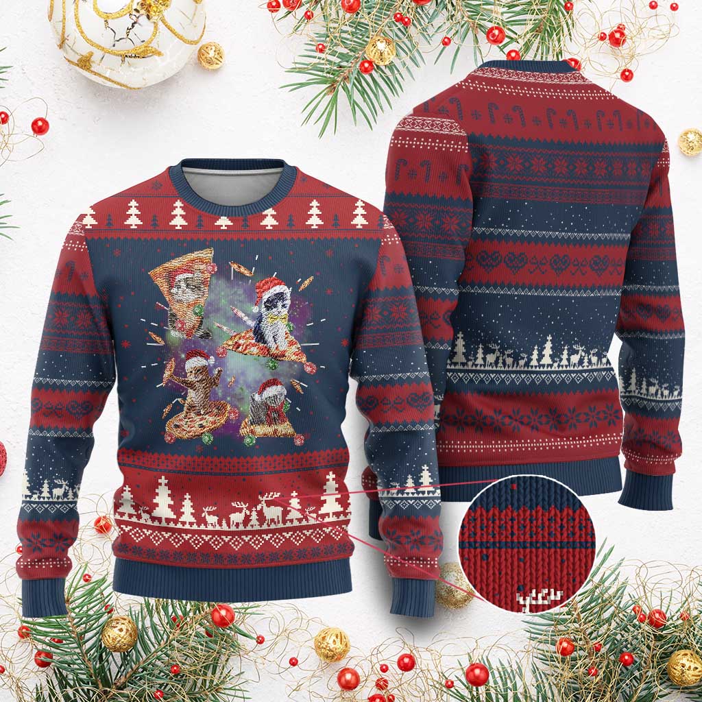 Funny Xmas Cat Ugly Christmas Sweater Santa Cat Riding Pizza Galaxy Outer Space TS09 Burgundy Print Your Wear