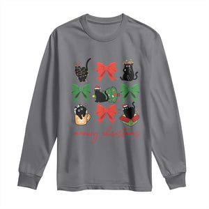 Funny Christmas Black Cat Long Sleeve Shirt Meowy Christmas Cute Cats Coquette Bow TS09 Charcoal Print Your Wear