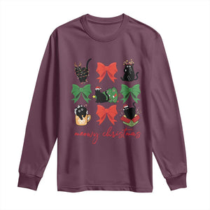 Funny Christmas Black Cat Long Sleeve Shirt Meowy Christmas Cute Cats Coquette Bow TS09 Maroon Print Your Wear