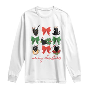 Funny Christmas Black Cat Long Sleeve Shirt Meowy Christmas Cute Cats Coquette Bow TS09 White Print Your Wear