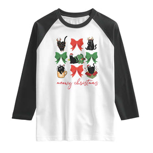 Funny Christmas Black Cat Raglan Shirt Meowy Christmas Cute Cats Coquette Bow TS09 White Black Print Your Wear