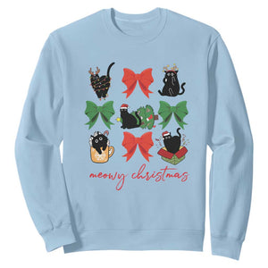 Funny Christmas Black Cat Sweatshirt Meowy Christmas Cute Cats Coquette Bow TS09 Light Blue Print Your Wear