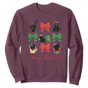 Funny Christmas Black Cat Sweatshirt Meowy Christmas Cute Cats Coquette Bow TS09 Maroon Print Your Wear