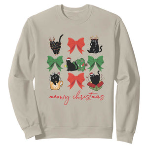 Funny Christmas Black Cat Sweatshirt Meowy Christmas Cute Cats Coquette Bow TS09 Sand Print Your Wear