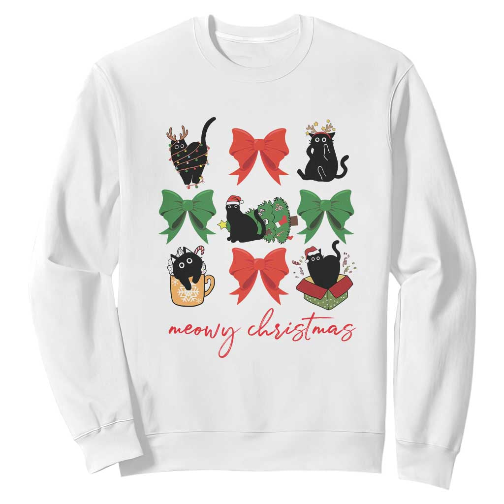 Funny Christmas Black Cat Sweatshirt Meowy Christmas Cute Cats Coquette Bow TS09 White Print Your Wear