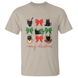 Funny Christmas Black Cat T Shirt Meowy Christmas Cute Cats Coquette Bow TS09 Sand Print Your Wear