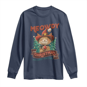 Christmas Cowboy Cat Long Sleeve Shirt Meowdy Christmas And Happy Mew Year TS09 Navy Print Your Wear