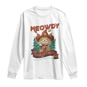 Christmas Cowboy Cat Long Sleeve Shirt Meowdy Christmas And Happy Mew Year TS09 White Print Your Wear