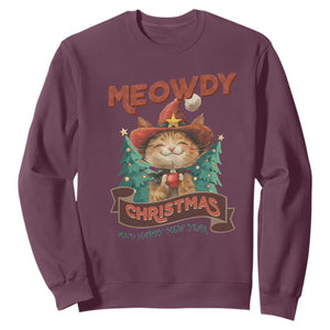 Christmas Cowboy Cat Sweatshirt Meowdy Christmas And Happy Mew Year TS09 Maroon Print Your Wear