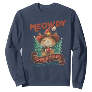 Christmas Cowboy Cat Sweatshirt Meowdy Christmas And Happy Mew Year TS09 Navy Print Your Wear