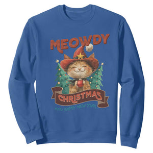 Christmas Cowboy Cat Sweatshirt Meowdy Christmas And Happy Mew Year TS09 Royal Blue Print Your Wear