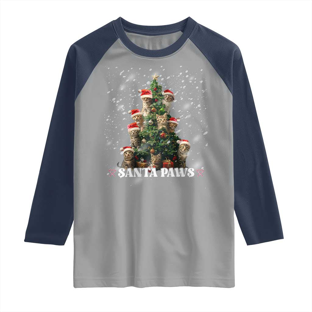 Christmas Cat Raglan Shirt Santa Paw And Claw Cats Xmas Tree TS09 Sport Gray Navy Print Your Wear