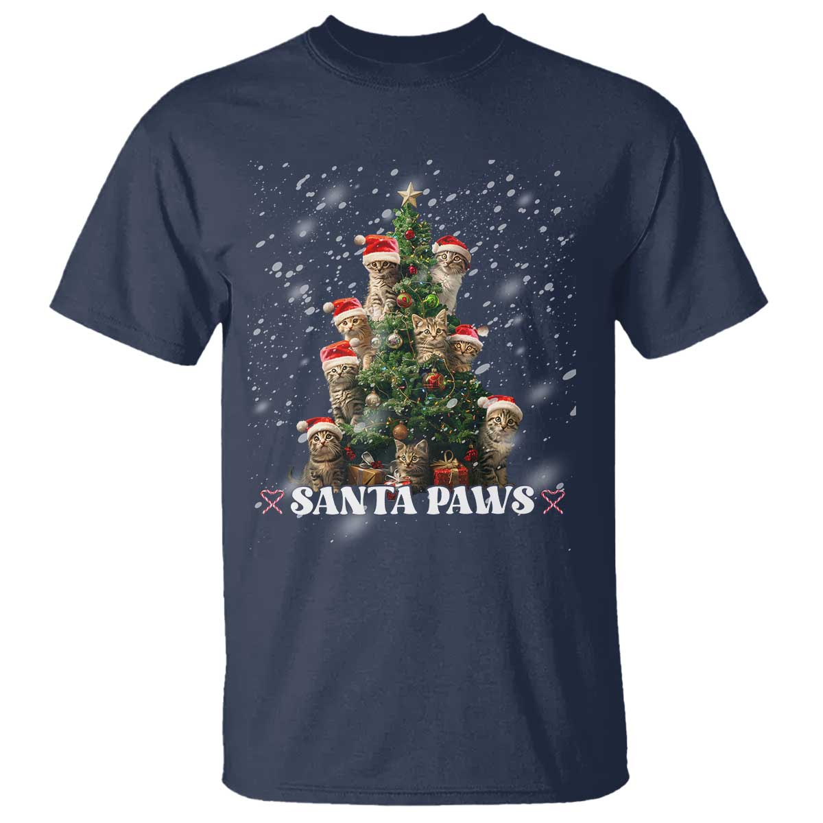 Christmas Cat T Shirt Santa Paw And Claw Cats Xmas Tree TS09 Navy Print Your Wear
