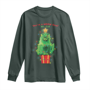 Funny Christmas Cat Long Sleeve Shirt You Are A Meow One Mr. Cat Green Cat TS09 Dark Forest Green Print Your Wear