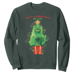 Funny Christmas Cat Sweatshirt You Are A Meow One Mr. Cat Green Cat TS09 Dark Forest Green Print Your Wear