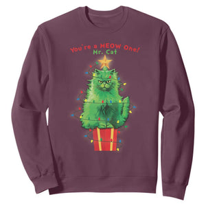 Funny Christmas Cat Sweatshirt You Are A Meow One Mr. Cat Green Cat TS09 Maroon Print Your Wear