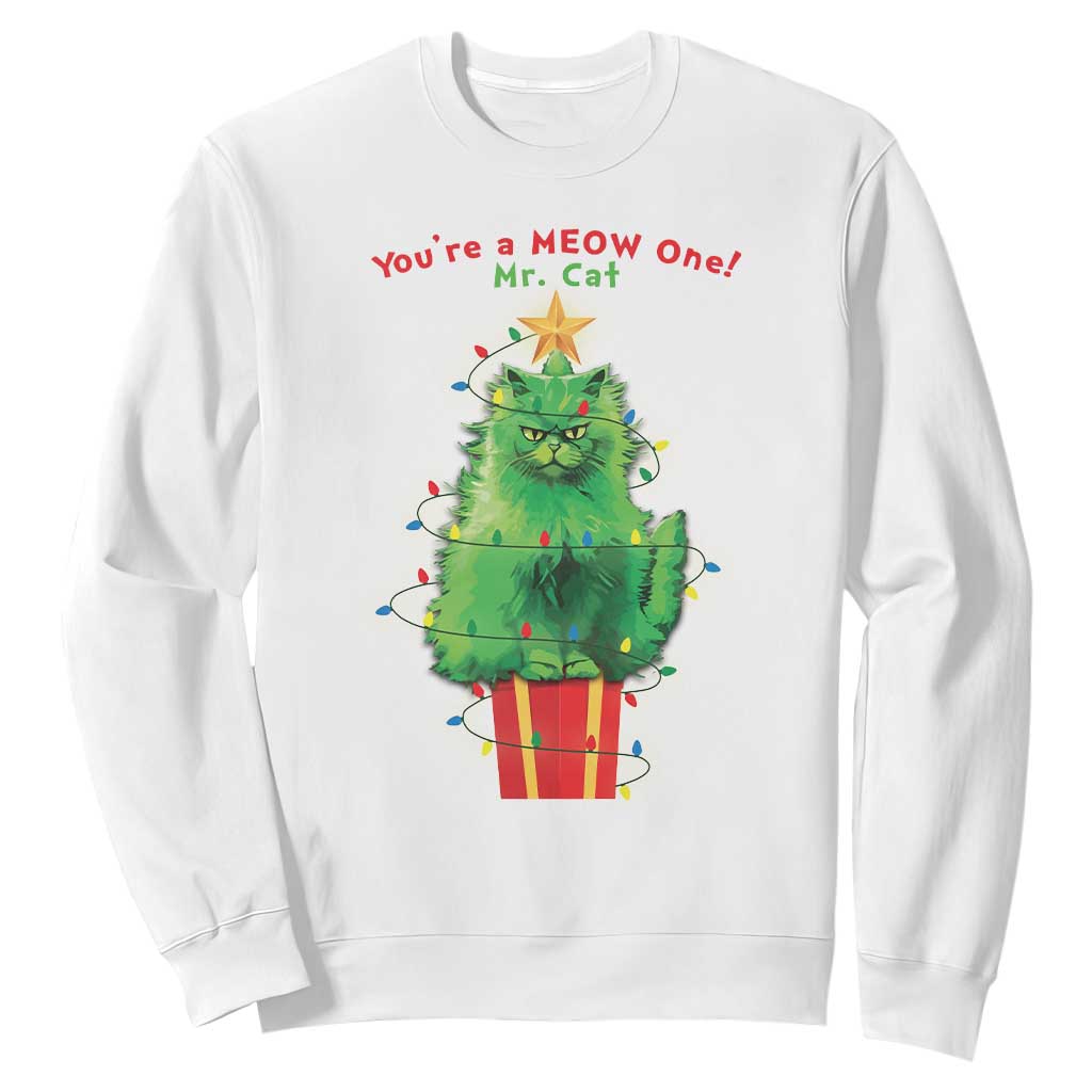 Funny Christmas Cat Sweatshirt You Are A Meow One Mr. Cat Green Cat TS09 White Print Your Wear