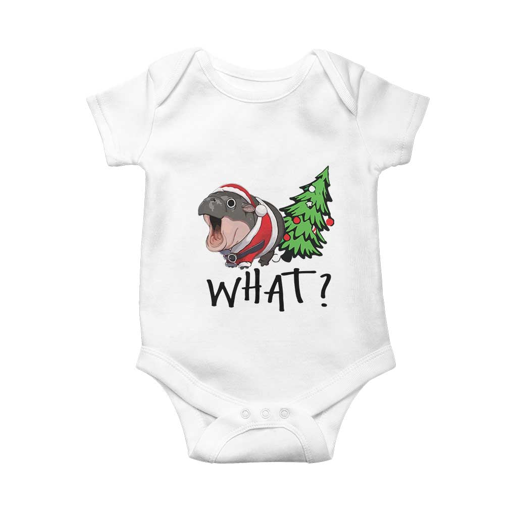 Funny Christmas Moo Deng Baby Onesie What Baby Hippo Pushing Christmas Tree TS09 White Print Your Wear