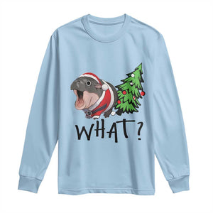 Funny Christmas Moo Deng Long Sleeve Shirt What Baby Hippo Pushing Christmas Tree TS09 Light Blue Print Your Wear