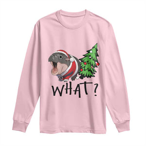 Funny Christmas Moo Deng Long Sleeve Shirt What Baby Hippo Pushing Christmas Tree TS09 Light Pink Print Your Wear