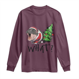 Funny Christmas Moo Deng Long Sleeve Shirt What Baby Hippo Pushing Christmas Tree TS09 Maroon Print Your Wear