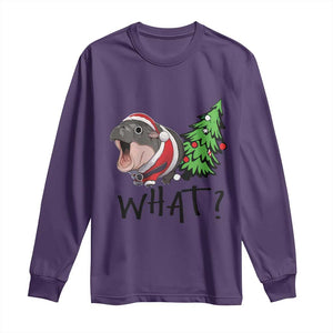 Funny Christmas Moo Deng Long Sleeve Shirt What Baby Hippo Pushing Christmas Tree TS09 Purple Print Your Wear