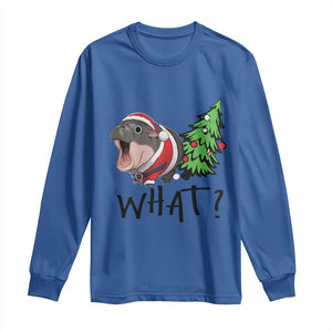 Funny Christmas Moo Deng Long Sleeve Shirt What Baby Hippo Pushing Christmas Tree TS09 Royal Blue Print Your Wear