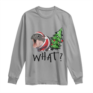 Funny Christmas Moo Deng Long Sleeve Shirt What Baby Hippo Pushing Christmas Tree TS09 Sport Gray Print Your Wear