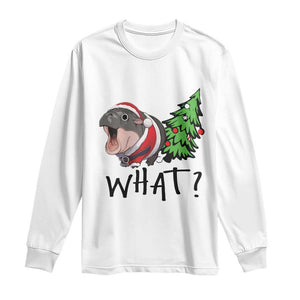 Funny Christmas Moo Deng Long Sleeve Shirt What Baby Hippo Pushing Christmas Tree TS09 White Print Your Wear