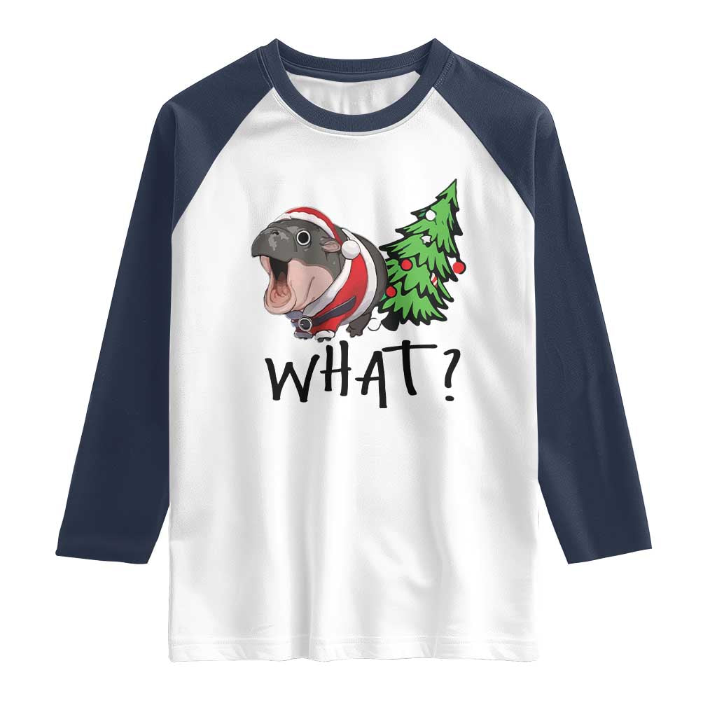 Funny Christmas Moo Deng Raglan Shirt What Baby Hippo Pushing Christmas Tree TS09 White Navy Print Your Wear