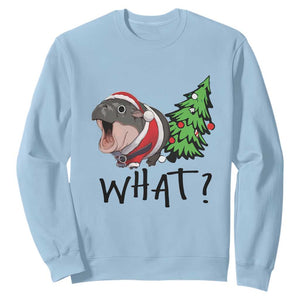 Funny Christmas Moo Deng Sweatshirt What Baby Hippo Pushing Christmas Tree TS09 Light Blue Print Your Wear