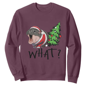 Funny Christmas Moo Deng Sweatshirt What Baby Hippo Pushing Christmas Tree TS09 Maroon Print Your Wear