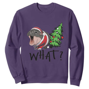 Funny Christmas Moo Deng Sweatshirt What Baby Hippo Pushing Christmas Tree TS09 Purple Print Your Wear