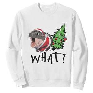 Funny Christmas Moo Deng Sweatshirt What Baby Hippo Pushing Christmas Tree TS09 White Print Your Wear