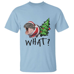 Funny Christmas Moo Deng T Shirt What Baby Hippo Pushing Christmas Tree TS09 Light Blue Print Your Wear