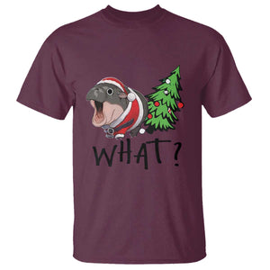 Funny Christmas Moo Deng T Shirt What Baby Hippo Pushing Christmas Tree TS09 Maroon Print Your Wear